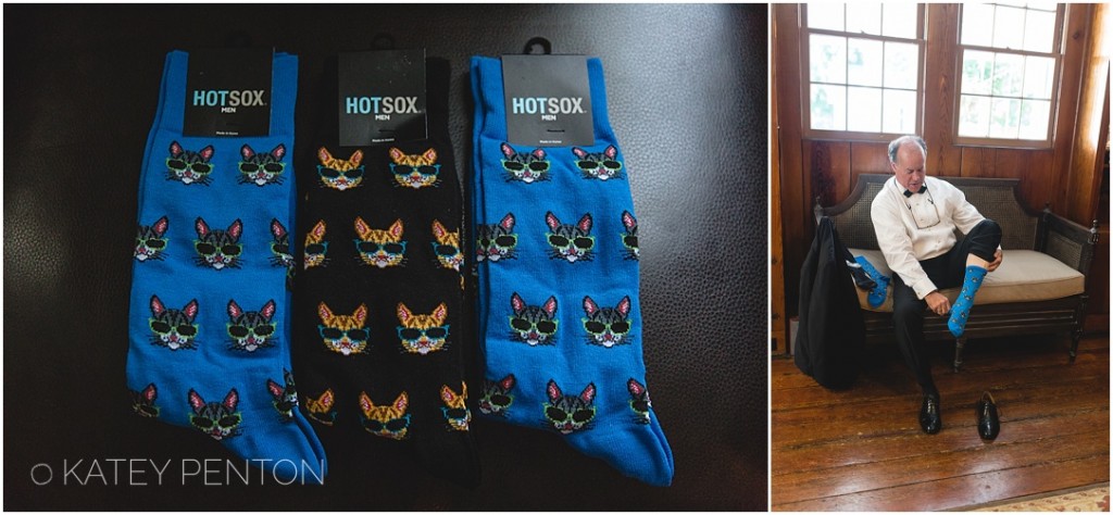 silly matching cat socks for groomsmen at Flint Hill wedding
