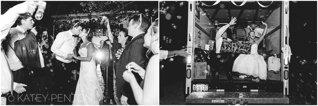 bride and groom leaving on a U-Haul truck