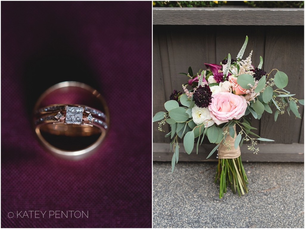 purple wedding details, gold wedding band and engagement ring, oganic natural wedding bridal bouquet 