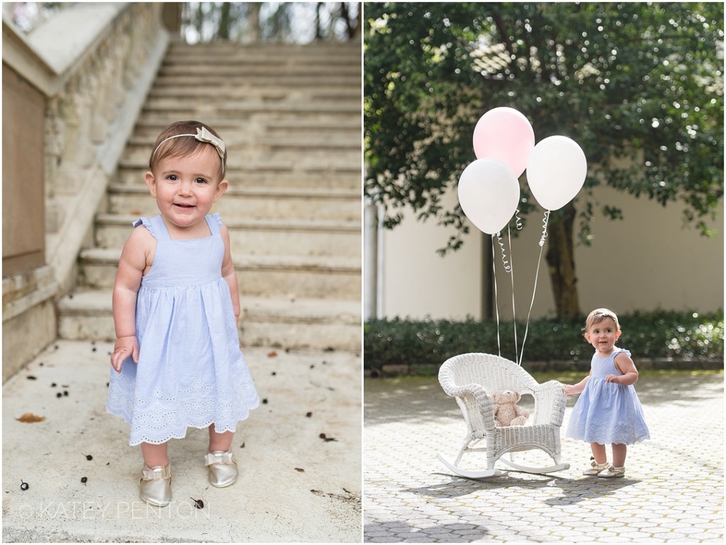 Cator Woolford Garden one year portrait session, baby garden portraits, pink birthday balloons, Katey Penton Photography