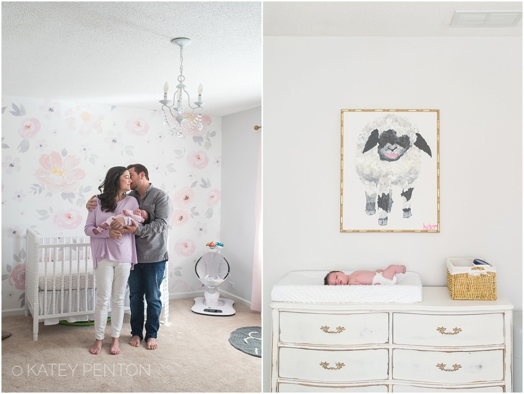 Covington GA lifestyle newborn photographer, newborn baby girl floral nursery details and wallpaper